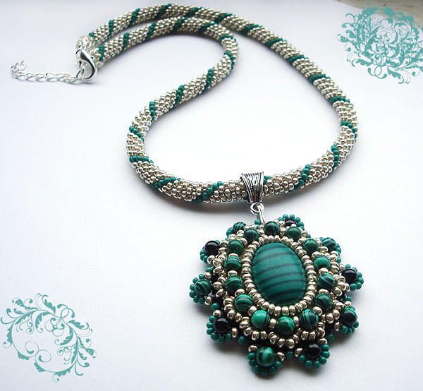 Crocheted beads rope- necklace with vintage style, malachite pendant ,handmade jewellery,beaded jewelry