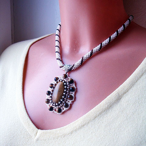 Crochet beads rope- necklace a beige with vintage style, tiger eye cabochon pendant