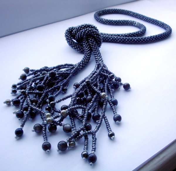 Beads crochet rope necklace -lariat .Hematite and agate